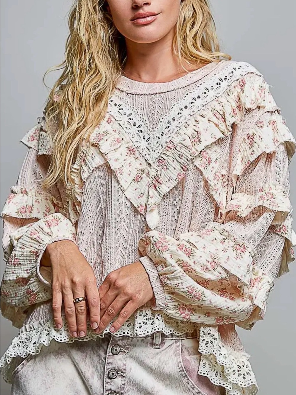 NEW ARRIVAL 7/8 “The Princess”Boho Ruffle Lace Floral Peasant Top - Pink Cream